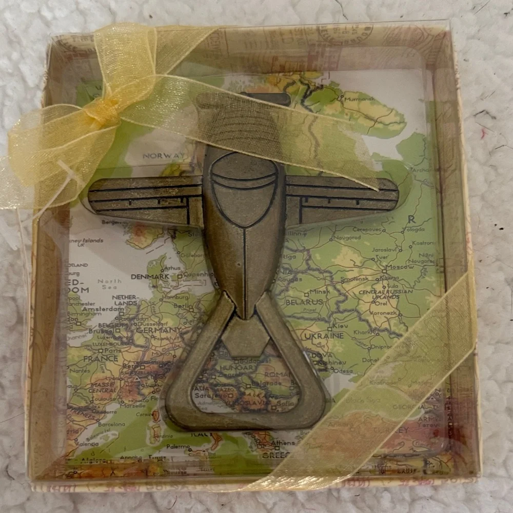 Gold Tone‎ Bottle Opener Gift Set Vintage Looking Airplane NEW in Box